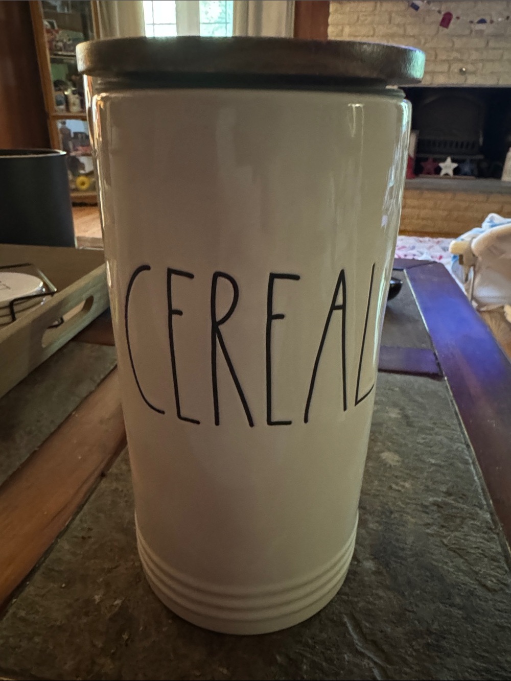 Rae Dunn Cream Ceramic 'CEREAL' Canister with Black Lettering and Wood Lid